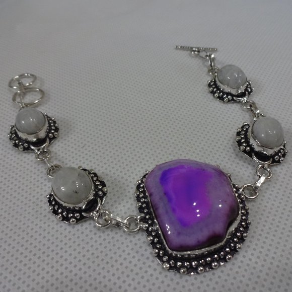 Gorgeous "SOLAR AGATE & MOONSTONE" Handmade Sterling Bracelet 7 1/4" 471A - Picture 1 of 3